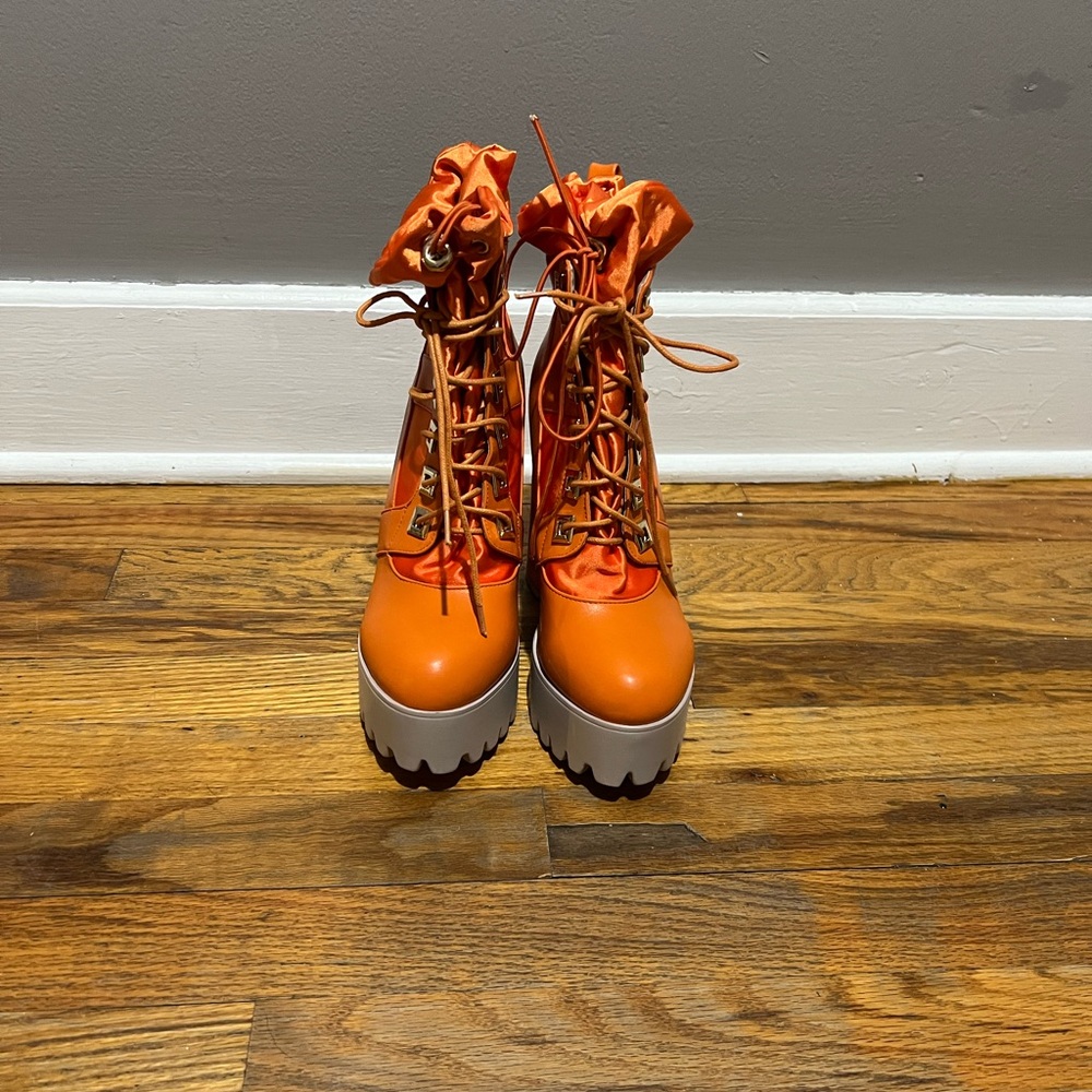 Women Orange Lace-Up Platform Boots